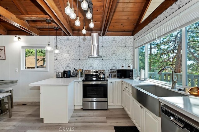 kitchen featuring appliances with stainless steel finishes, white cabinets, wall chimney range hood, decorative light fixtures, and sink