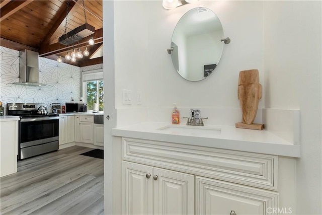 kitchen featuring light wood-type flooring, range hood, sink, stainless steel electric range oven, and decorative backsplash