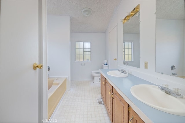 bathroom featuring vanity, a tub, a textured ceiling, and toilet