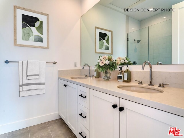 bathroom featuring dual vanity, tile flooring, and a shower with door