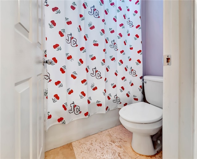 bathroom with shower / bathtub combination with curtain, toilet, and tile floors