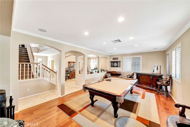 playroom with crown molding, light tile floors, and billiards