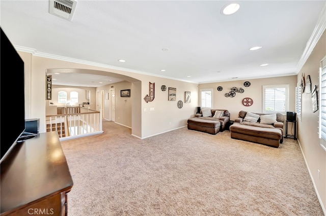 carpeted living room featuring a healthy amount of sunlight and crown molding