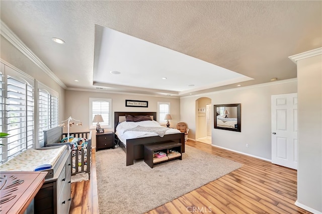 bedroom featuring a raised ceiling, multiple windows, and light wood-type flooring