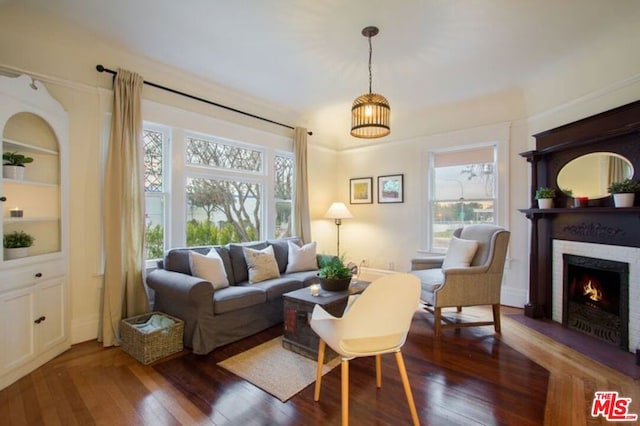 living room with built in features and dark hardwood / wood-style floors