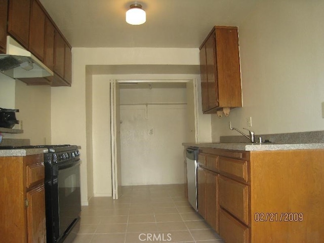 kitchen with black / electric stove, dishwasher, and light tile patterned floors