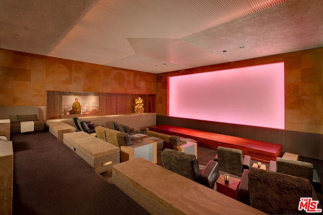 carpeted home theater room with wooden walls