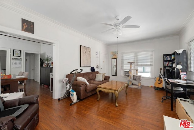 living room with ceiling fan, ornamental molding, and dark hardwood / wood-style floors