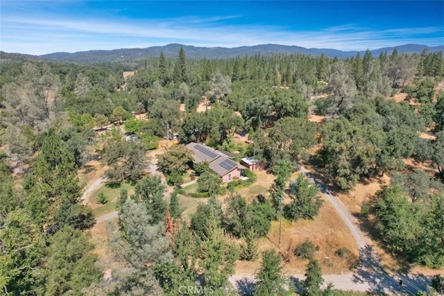 bird's eye view featuring a forest view and a mountain view