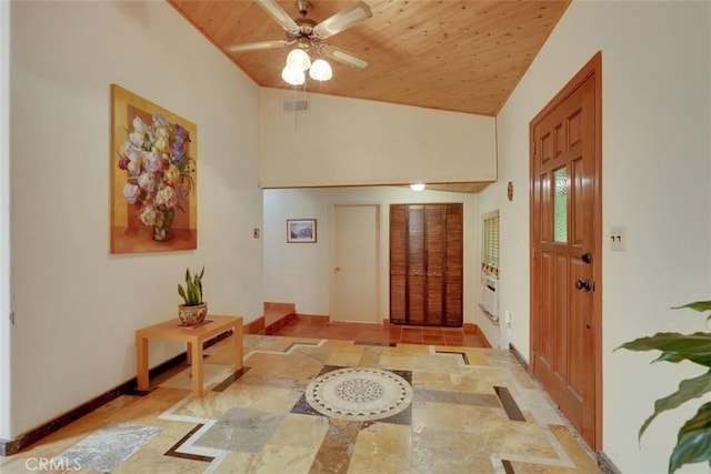 entrance foyer with vaulted ceiling, visible vents, ceiling fan, stone tile floors, and wooden ceiling