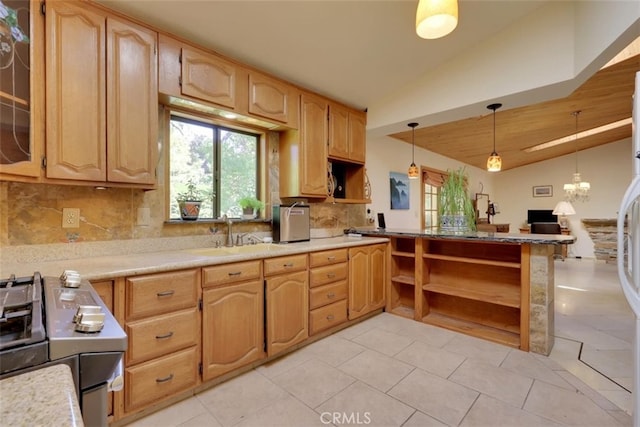 kitchen featuring hanging light fixtures, decorative backsplash, light tile patterned flooring, lofted ceiling, and stainless steel electric range oven