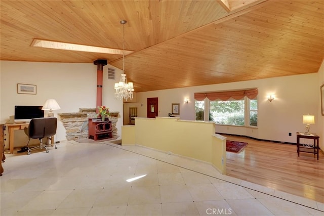 miscellaneous room with light hardwood / wood-style flooring, a chandelier, wooden ceiling, and lofted ceiling with skylight