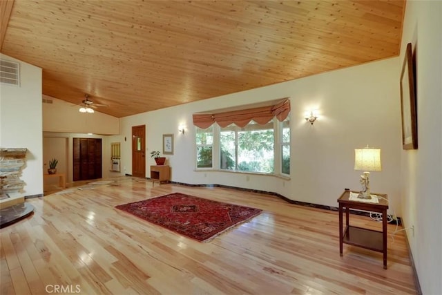 living room with wooden ceiling, wood finished floors, a ceiling fan, and lofted ceiling