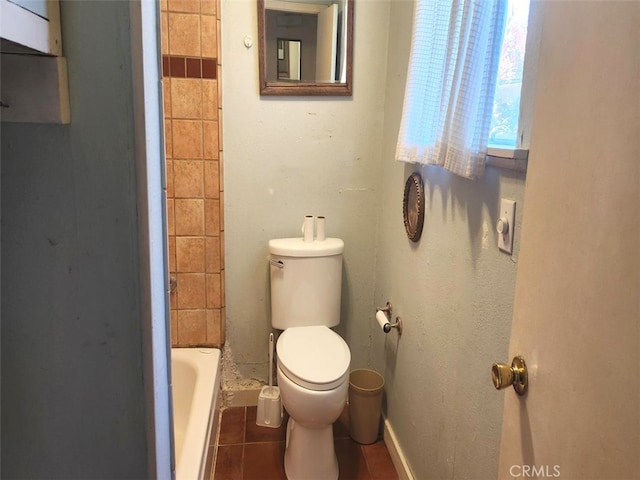 bathroom with separate shower and tub, tile patterned flooring, and toilet