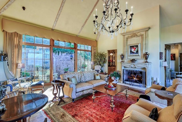 living room with a chandelier, wood-type flooring, and a towering ceiling