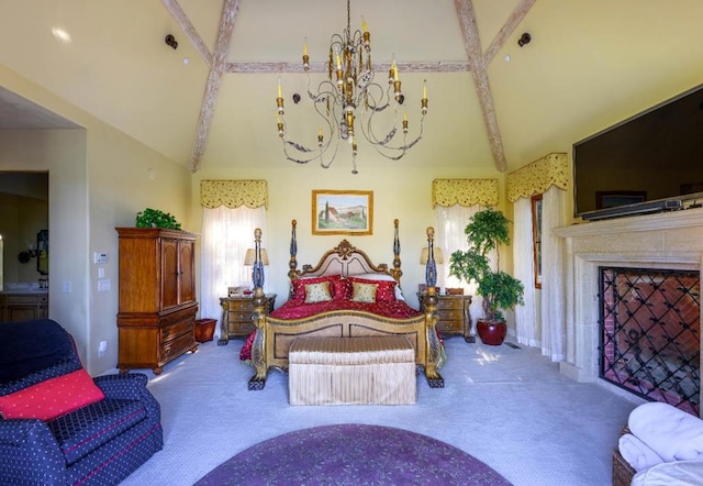 bedroom featuring carpet flooring, beam ceiling, and high vaulted ceiling