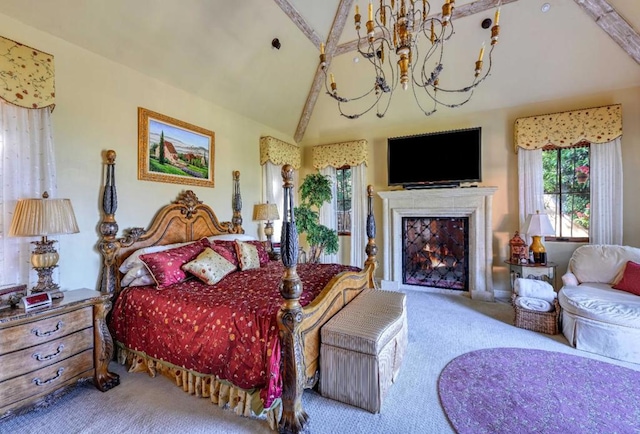 carpeted bedroom with a notable chandelier, beam ceiling, and high vaulted ceiling