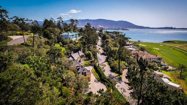 birds eye view of property featuring a water and mountain view