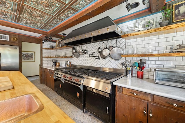 kitchen with backsplash, high quality appliances, sink, and ventilation hood