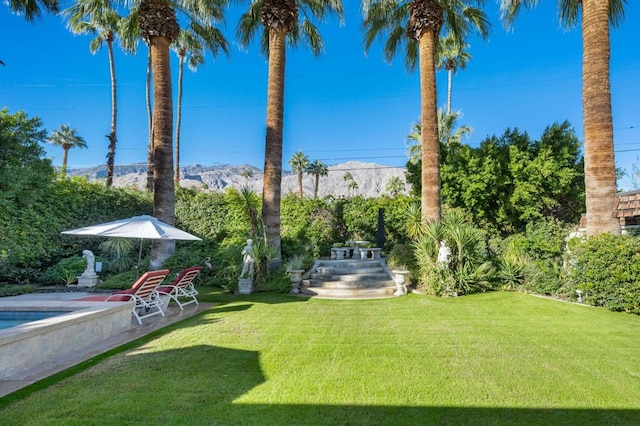 view of yard featuring a mountain view and a pool