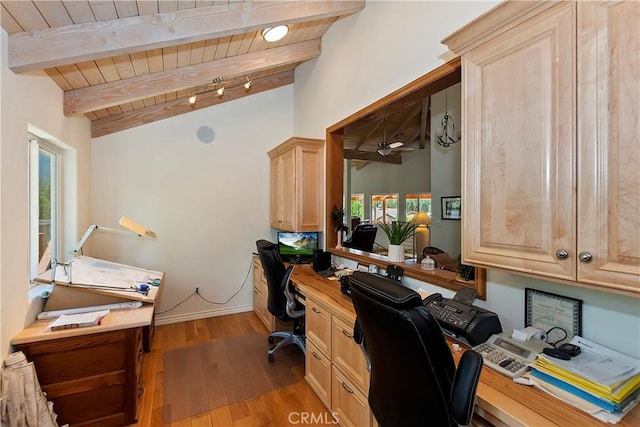 office space with lofted ceiling with beams, light hardwood / wood-style flooring, ceiling fan, built in desk, and wood ceiling