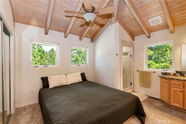 bedroom featuring vaulted ceiling with beams, ceiling fan, light hardwood / wood-style floors, and wood ceiling