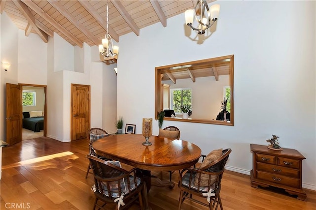 dining space featuring hardwood / wood-style floors, an inviting chandelier, wooden ceiling, and beam ceiling