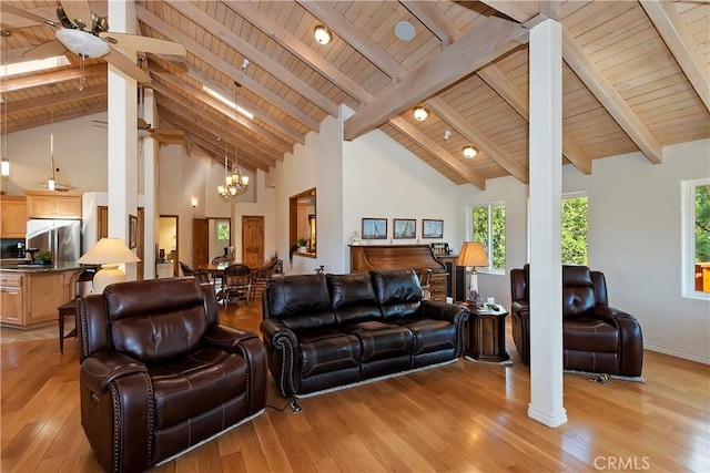 living room featuring light hardwood / wood-style floors, a healthy amount of sunlight, and wood ceiling