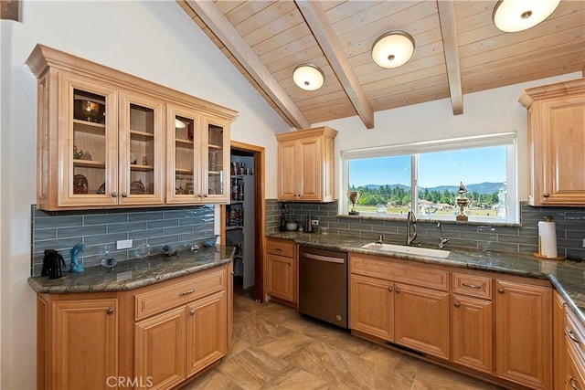 kitchen featuring dishwasher, backsplash, lofted ceiling with beams, and sink