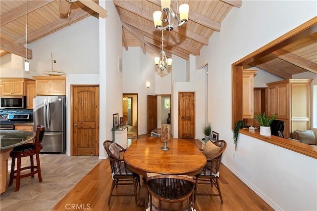 dining space featuring light hardwood / wood-style floors, wooden ceiling, high vaulted ceiling, and a chandelier