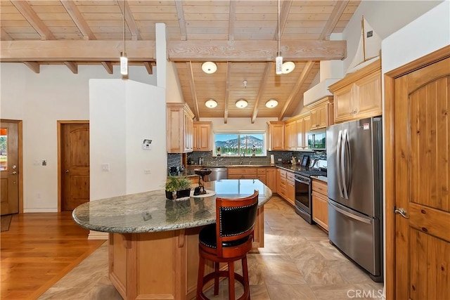 kitchen featuring a kitchen bar, wood ceiling, stainless steel appliances, vaulted ceiling with beams, and light hardwood / wood-style floors