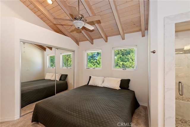 carpeted bedroom with multiple windows, ceiling fan, and wooden ceiling