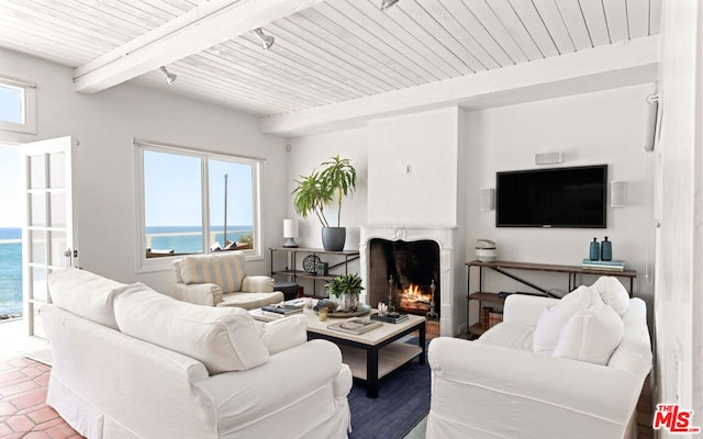 living room featuring a water view, a healthy amount of sunlight, and beamed ceiling