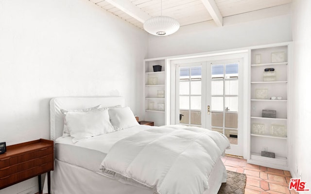 bedroom featuring lofted ceiling with beams, french doors, wood ceiling, and light tile floors