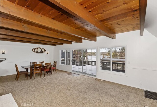 interior space with beamed ceiling, a notable chandelier, and wood ceiling