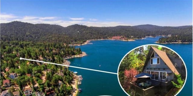 birds eye view of property featuring a water and mountain view