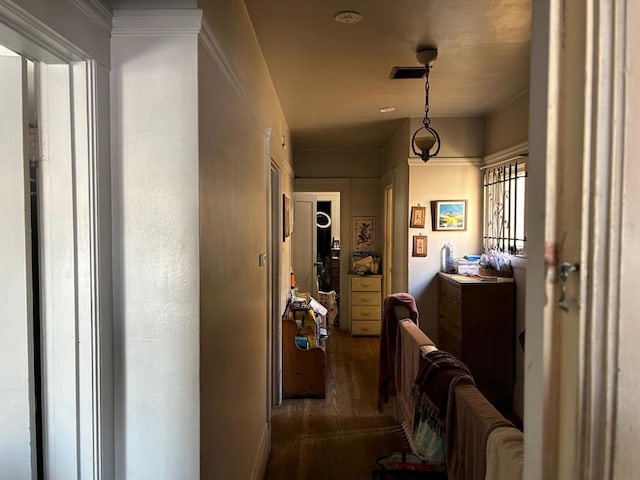 hallway with dark hardwood / wood-style flooring