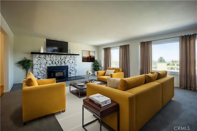 living room with a wood stove