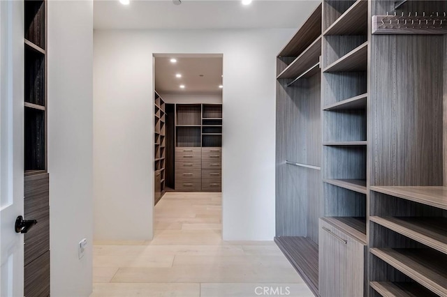 walk in closet with light hardwood / wood-style flooring