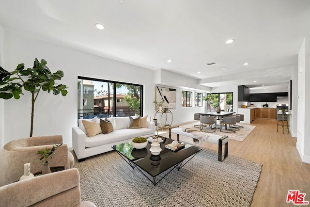 living room with plenty of natural light and wood-type flooring