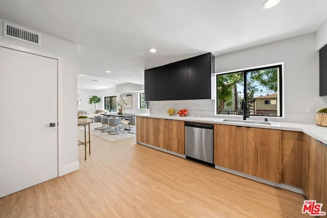 kitchen featuring stainless steel dishwasher, sink, and light hardwood / wood-style flooring