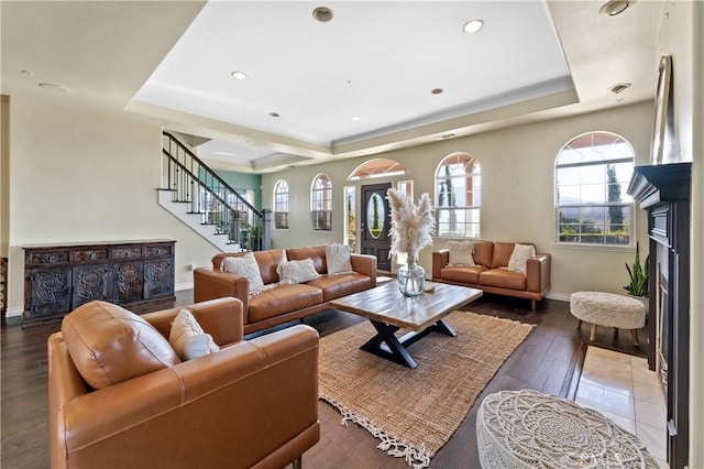 living room with a raised ceiling and dark wood-type flooring