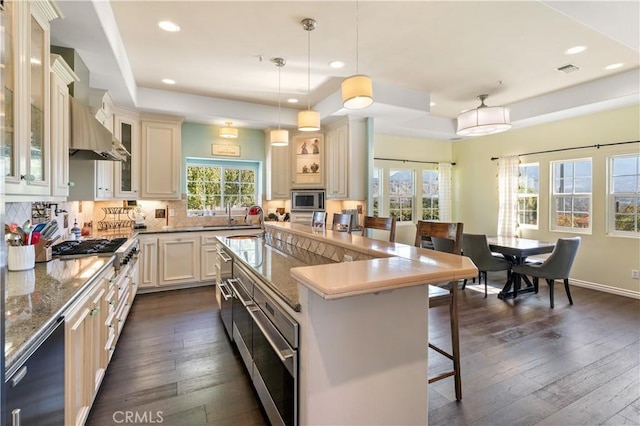 kitchen with a raised ceiling, appliances with stainless steel finishes, decorative light fixtures, a kitchen island, and a kitchen bar