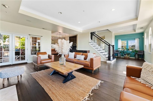 living room featuring french doors, a raised ceiling, and a healthy amount of sunlight