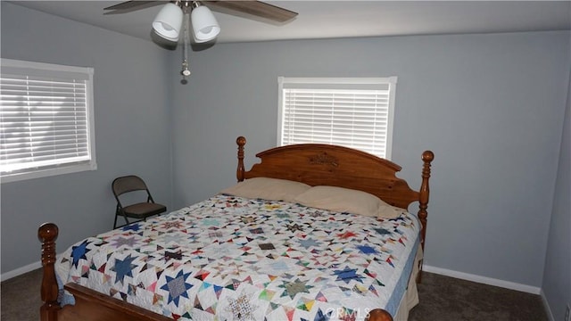 carpeted bedroom featuring ceiling fan