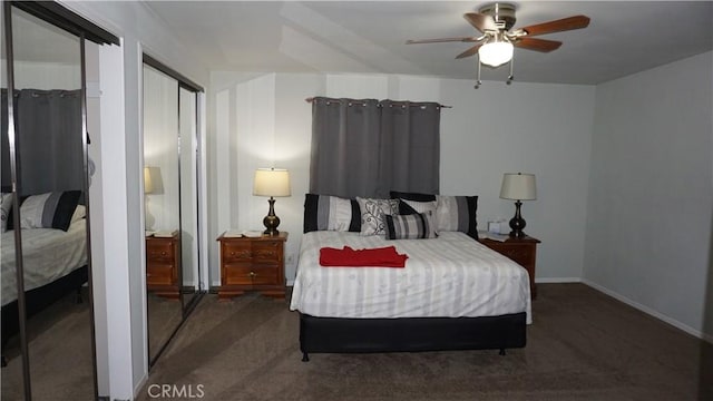 bedroom with ceiling fan and dark carpet