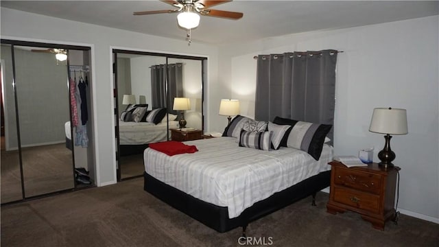 carpeted bedroom with multiple closets and ceiling fan