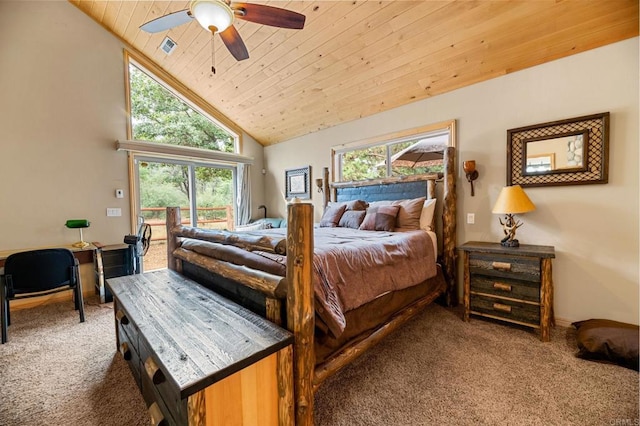 carpeted bedroom with access to exterior, wood ceiling, high vaulted ceiling, and ceiling fan