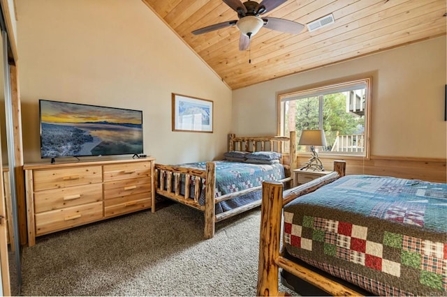 bedroom with wood ceiling, ceiling fan, carpet flooring, and vaulted ceiling