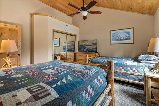 bedroom featuring a closet, wooden ceiling, ceiling fan, and lofted ceiling